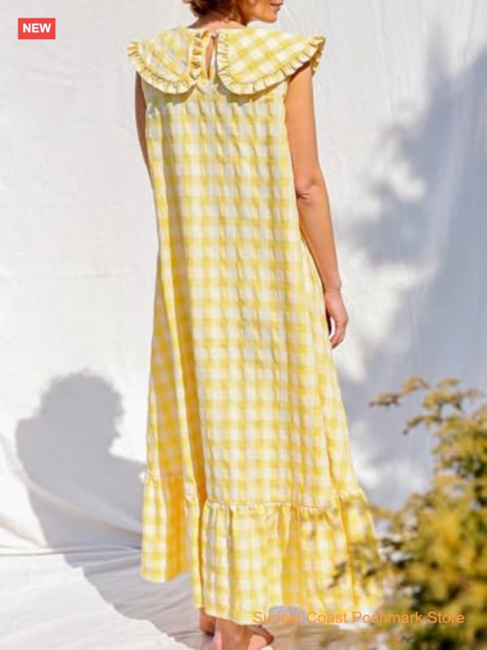 Sleeveless Plaid Maxi Dress with Pockets Ruffle A-Line Beach Sundress - Picture 3 of 7
